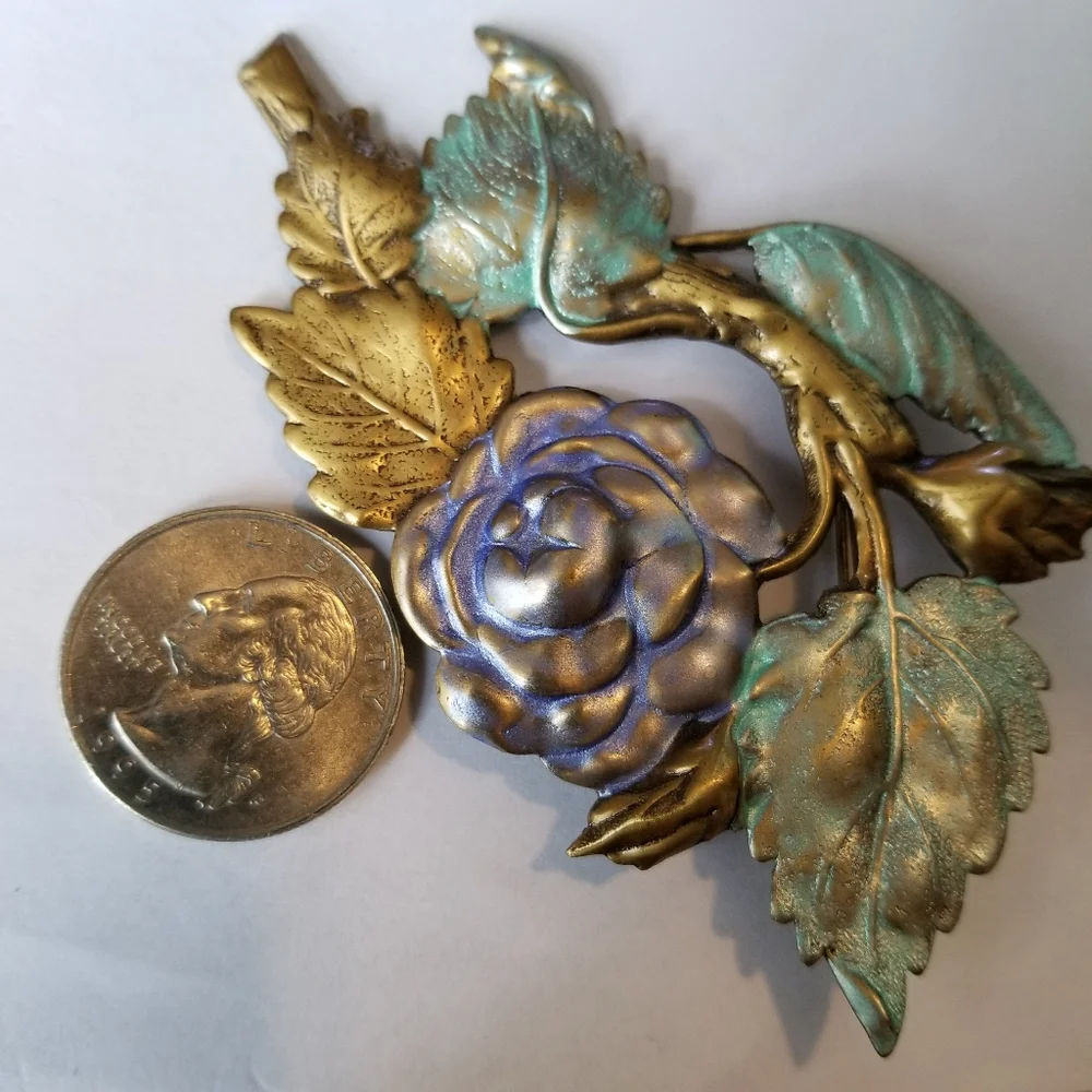 Vintage brooch lavender rose broach antiqued gold tone pin floral
